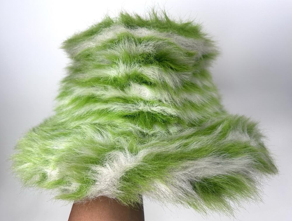 Y2k Fuzzy Lime Green Bucket Hat Plush Faux Fur Flames Costume Hip Hop Grunge